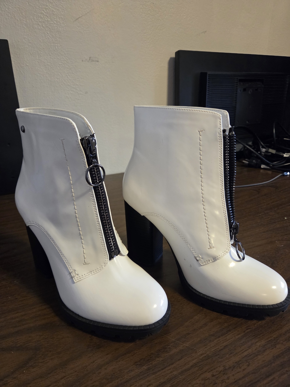 White Front-Zip Block Heel Ankle Boots for Women